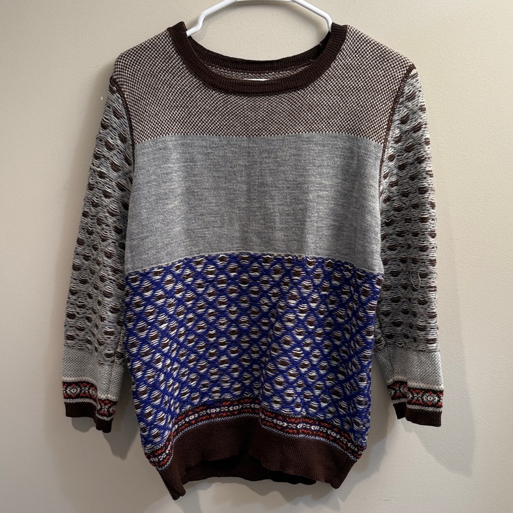 J. Crew Brown, Gray, and Blue Patterned Sweater